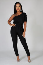 Load image into Gallery viewer, “Coal Mine” Black One Shoulder Short Sleeve Jumpsuit For Ladies - Cali &amp; Clyde