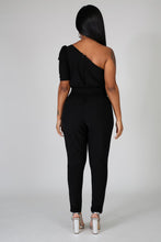 Load image into Gallery viewer, “Coal Mine” Black One Shoulder Short Sleeve Jumpsuit For Ladies - Cali &amp; Clyde