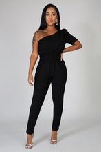 Load image into Gallery viewer, “Coal Mine” Black One Shoulder Short Sleeve Jumpsuit For Ladies - Cali &amp; Clyde