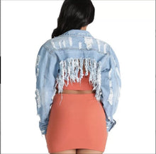 Charger l'image dans la galerie, "Shredder" Blue Jean Denim Jacket With Rips and Fringe For Ladies (S-5XL) - Cali &amp; Clyde