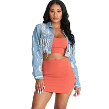 Charger l'image dans la galerie, "Shredder" Blue Jean Denim Jacket With Rips and Fringe For Ladies (S-5XL) - Cali &amp; Clyde