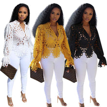 將圖片載入圖庫檢視器 Cali and Clyde-"Poppin' Petals" Elegant Long Sleeve Sheer Mesh Lace Shirts For Ladies - White, Yellow, Black