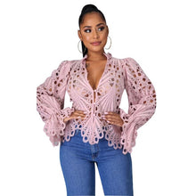 將圖片載入圖庫檢視器 Cali and Clyde-"Poppin' Petals" Elegant Long Sleeve Sheer Mesh Lace Shirts For Ladies