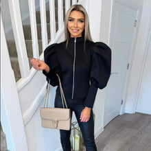 Charger l'image dans la galerie, "Princess Cutz" Oversized Puff Sleeve Jacket For Ladies Black Zipper View